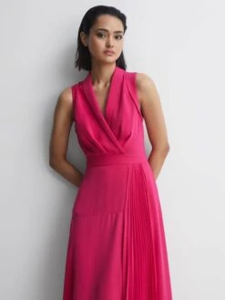 Reiss Pink Claire Pleated Fitted Midi Dress 8 Reiss Pink Claire Pleated Fitted Midi Dress -Reiss T60 403s4