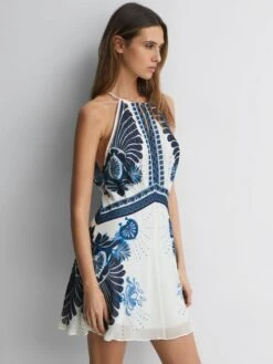Reiss Blue Brianna Printed Halter Neck Mini Dress