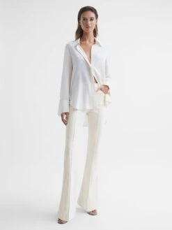 Reiss Cream Florence Petite High Rise Flared Trousers